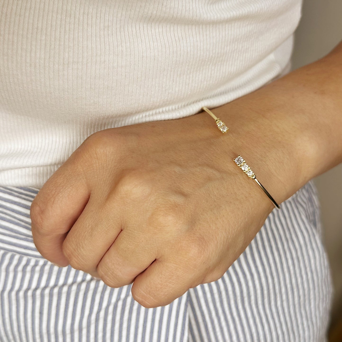 Cuff Bracelet with Cubic Zirconia - Adjustable Open Cuff for Women