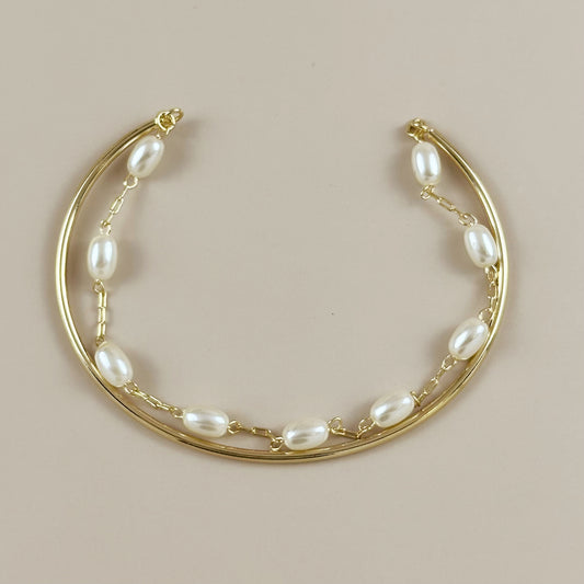 Pearl Cuff Bracelet for Women - Twisted Open Bangle with Elliptical Pearls