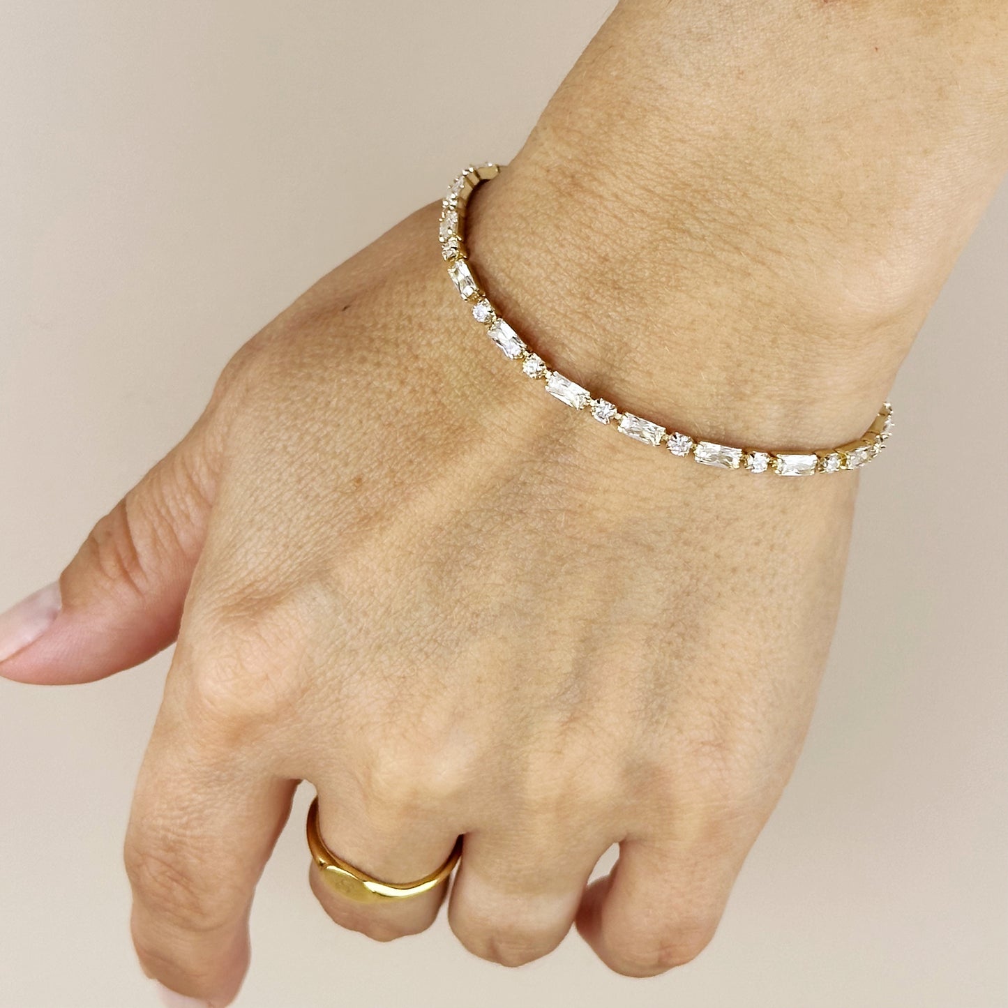 18K Gold Filled Tennis Bracelet with Baguette Round CZ - Delicate Cubic Zirconia Bracelet