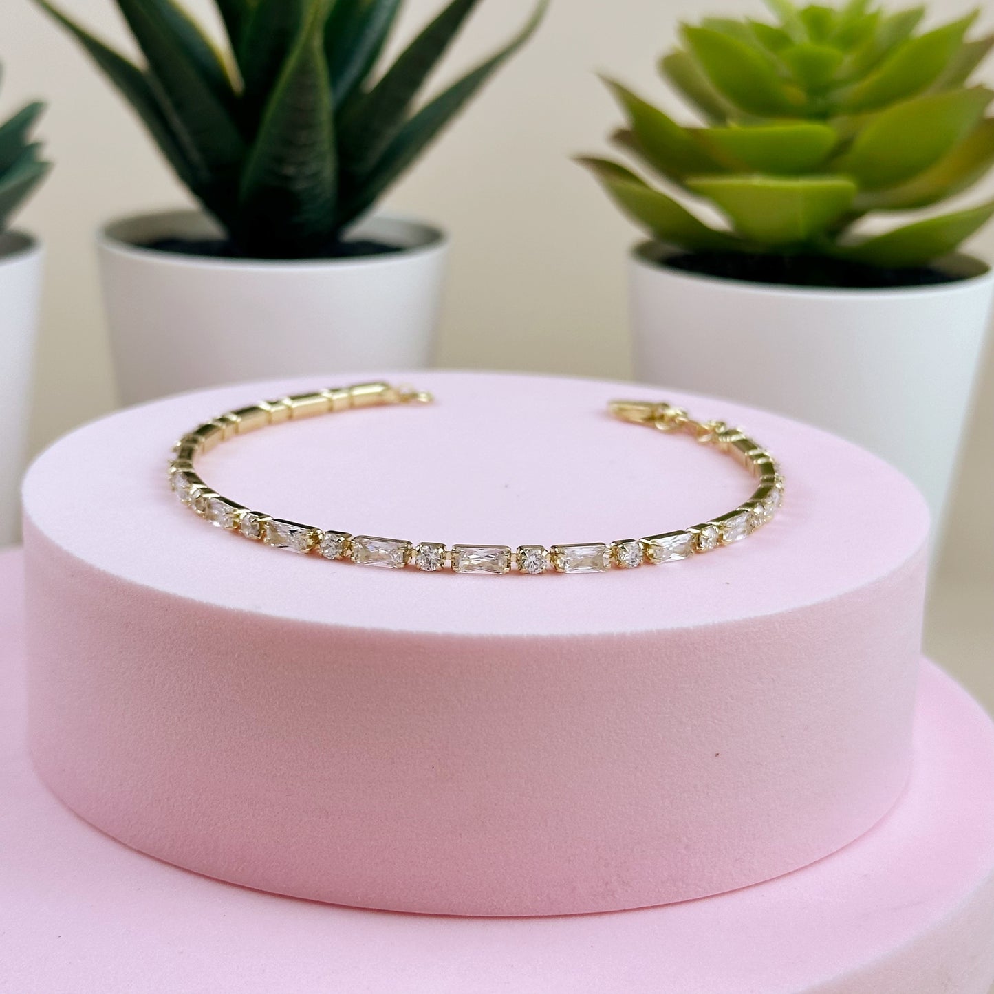 18K Gold Filled Tennis Bracelet with Baguette Round CZ - Delicate Cubic Zirconia Bracelet