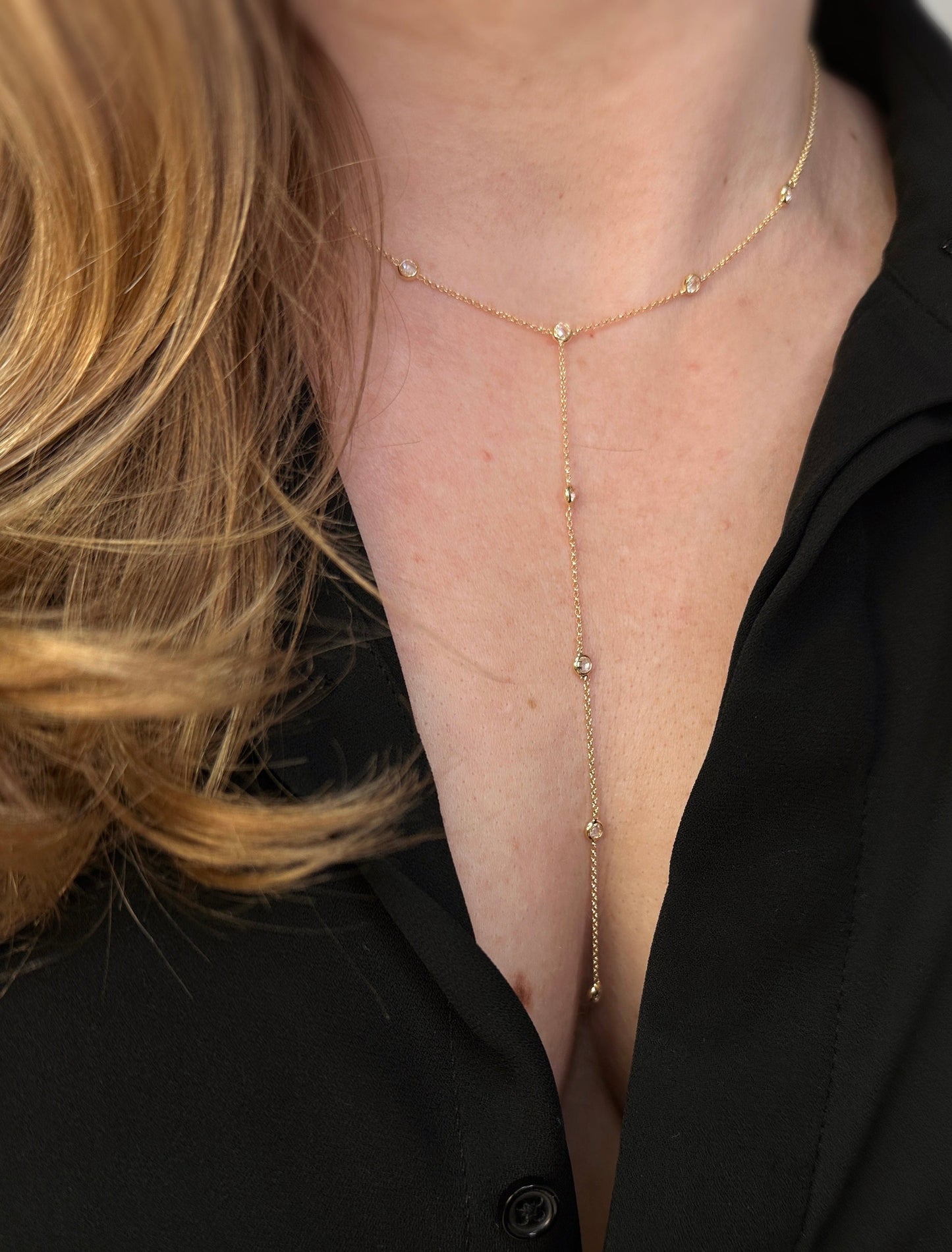 18K Gold Filled Lariat Necklace with CZ - Minimalist Y-Chain for Women