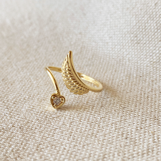 GoldFi 18k Gold Filled Adjustable Open Boho Ring Featuring Heart With Cubic Zirconia And Wing Making