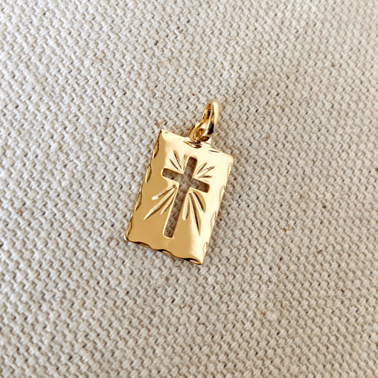 GoldFi 18k Gold Filled Hollow Cross Tag Plate Pendant Featuring Diamond Cut Borders