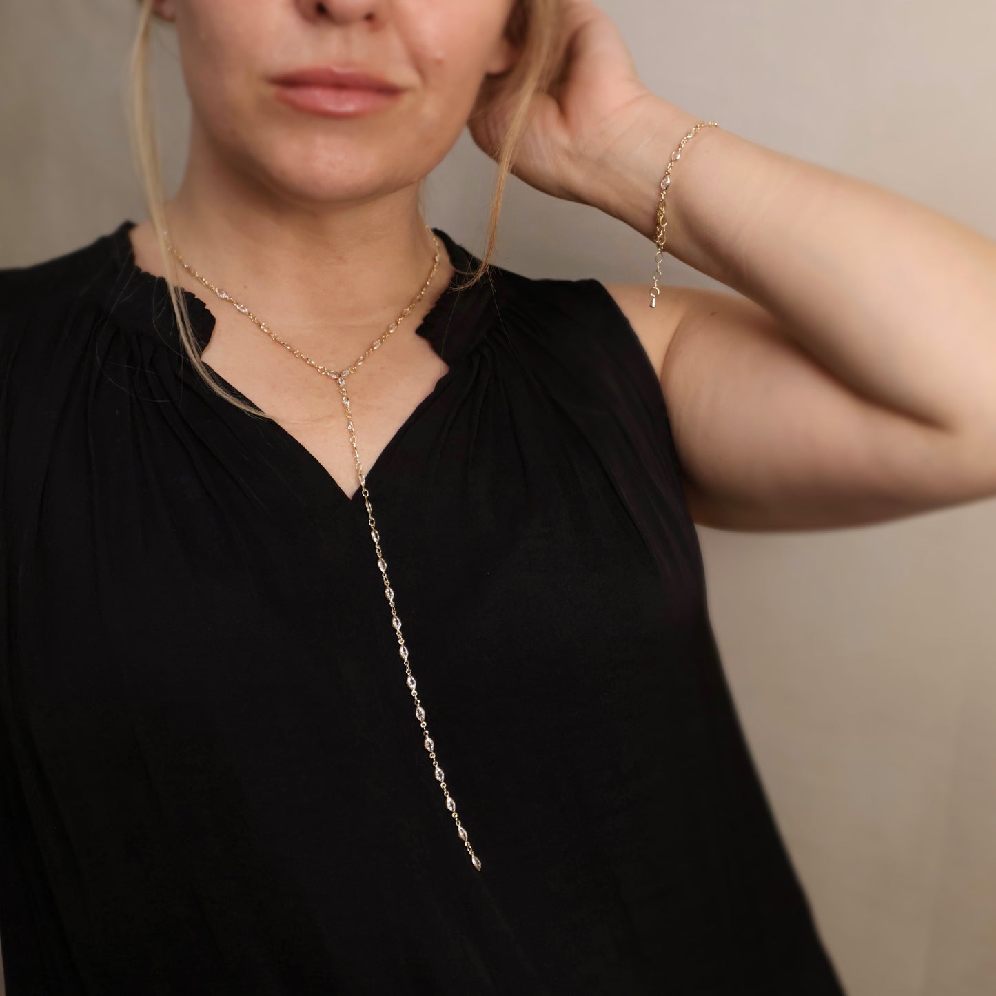 18k Gold Filled Bezel Ellipse CZ Lariat Necklace