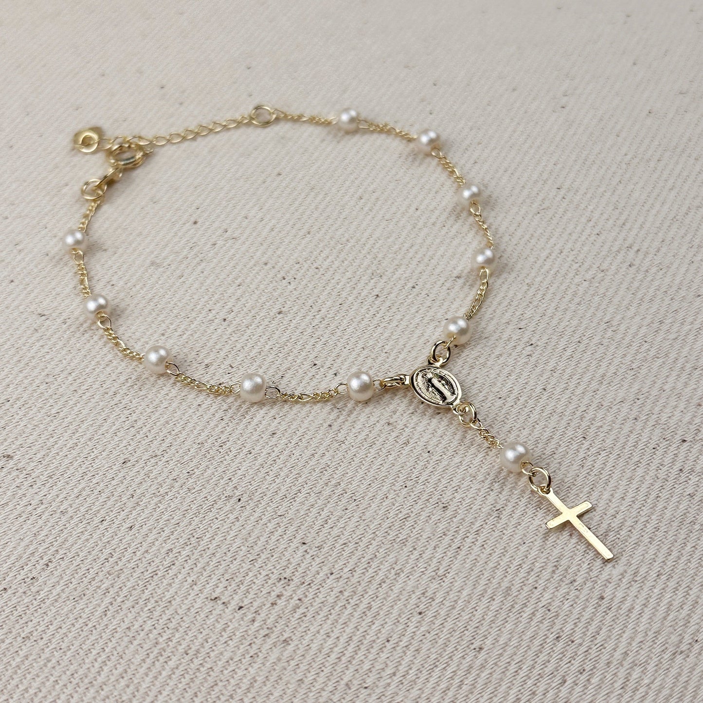 Pearl Rosary Bracelet for Women - Figaro Chain Religious Jewelry