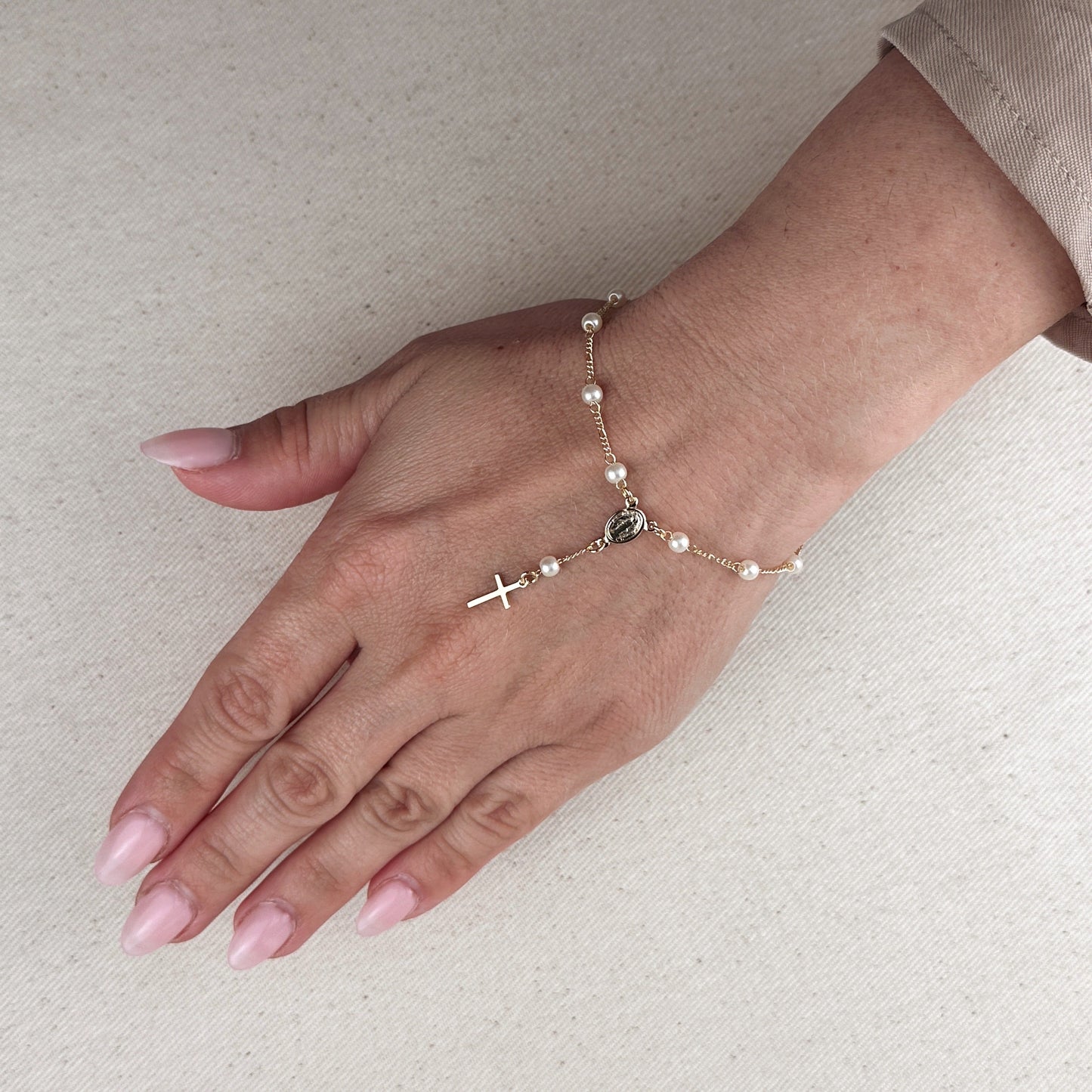 Pearl Rosary Bracelet for Women - Figaro Chain Religious Jewelry