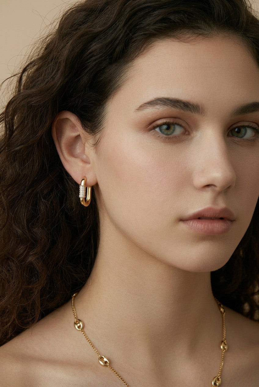18k Gold Filled Carabiner CZ Hoop Earrings | Edgy Contemporary Sparkle