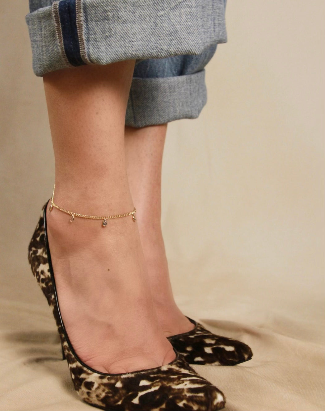 CZ Drop Anklet - Sparkling 2mm Curb Chain with Cubic Zirconia Charms
