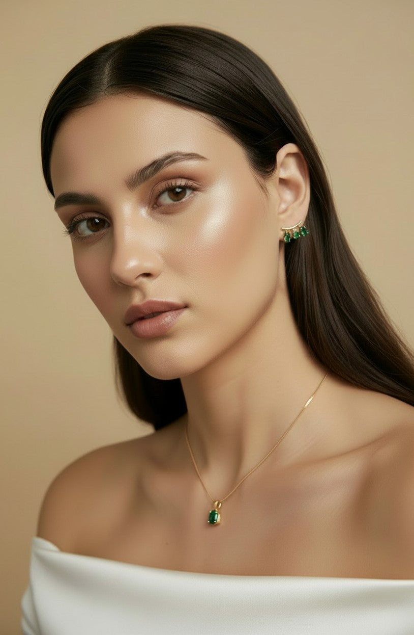 18k Gold Filled Emerald CZ Drop Stud Earrings | Trendy Color, Artful Design