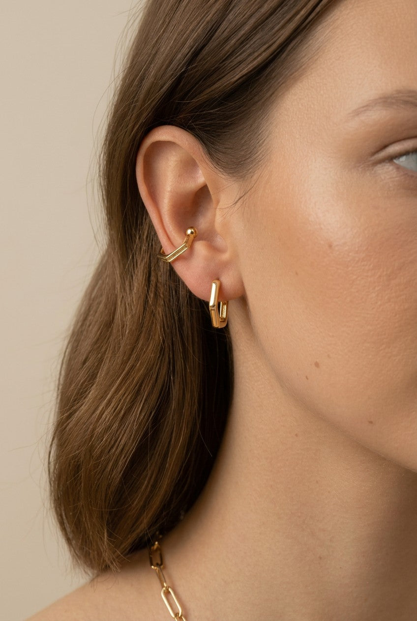 18k Gold Filled Square Ear Cuff | No-Piercing Architectural Edge