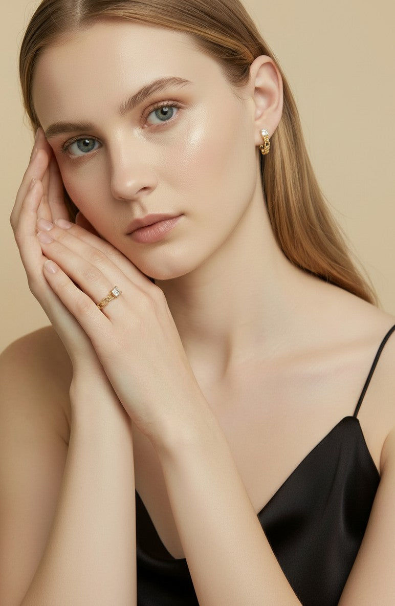 ๐ 18k Gold Filled Princess Cut CZ Vintage Band Ring โ Square Stone. Engraved Band. Old Hollywood at the Finger.