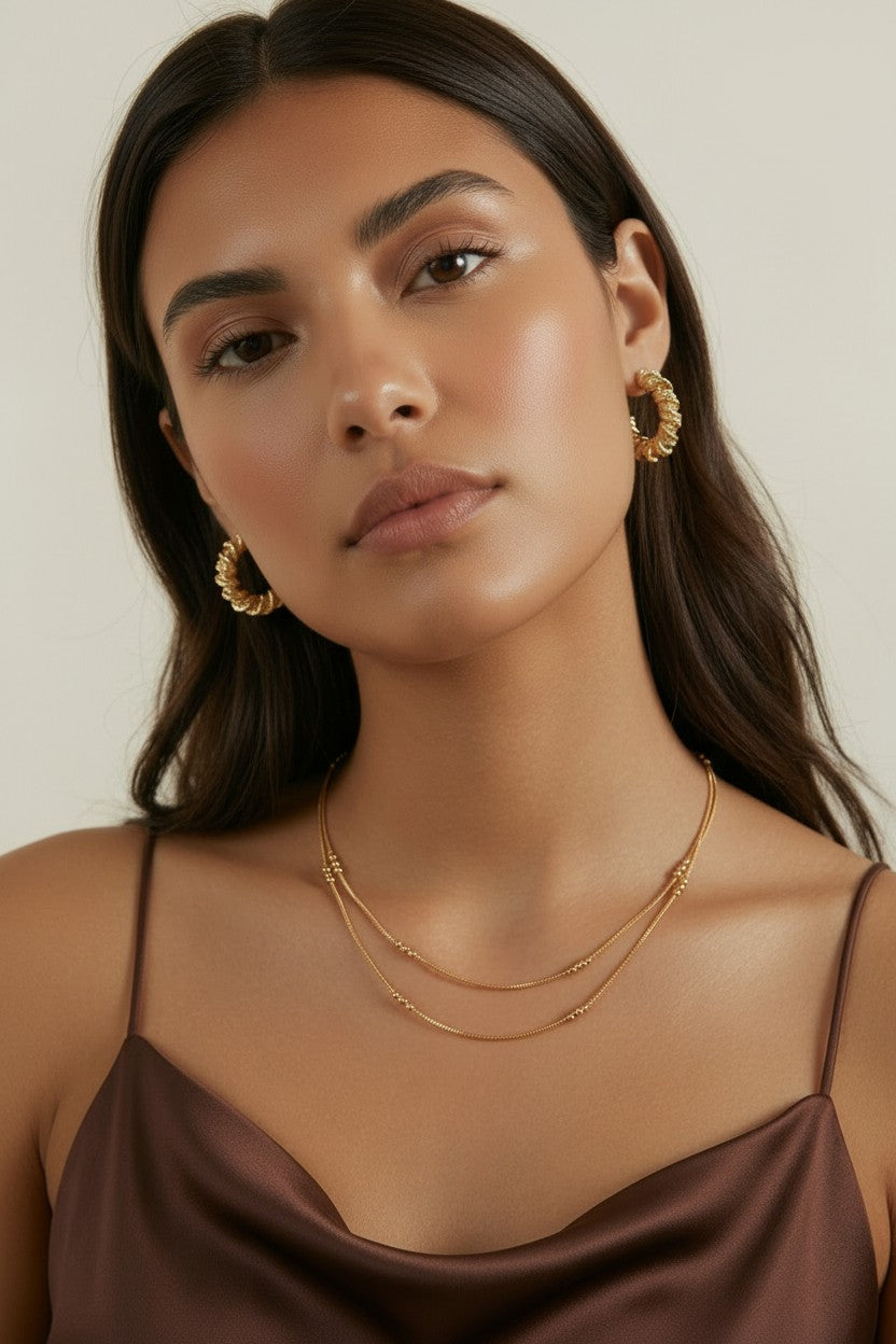 18k Gold Filled Bead Detailed Box Chain Necklace | Delicate Elegance