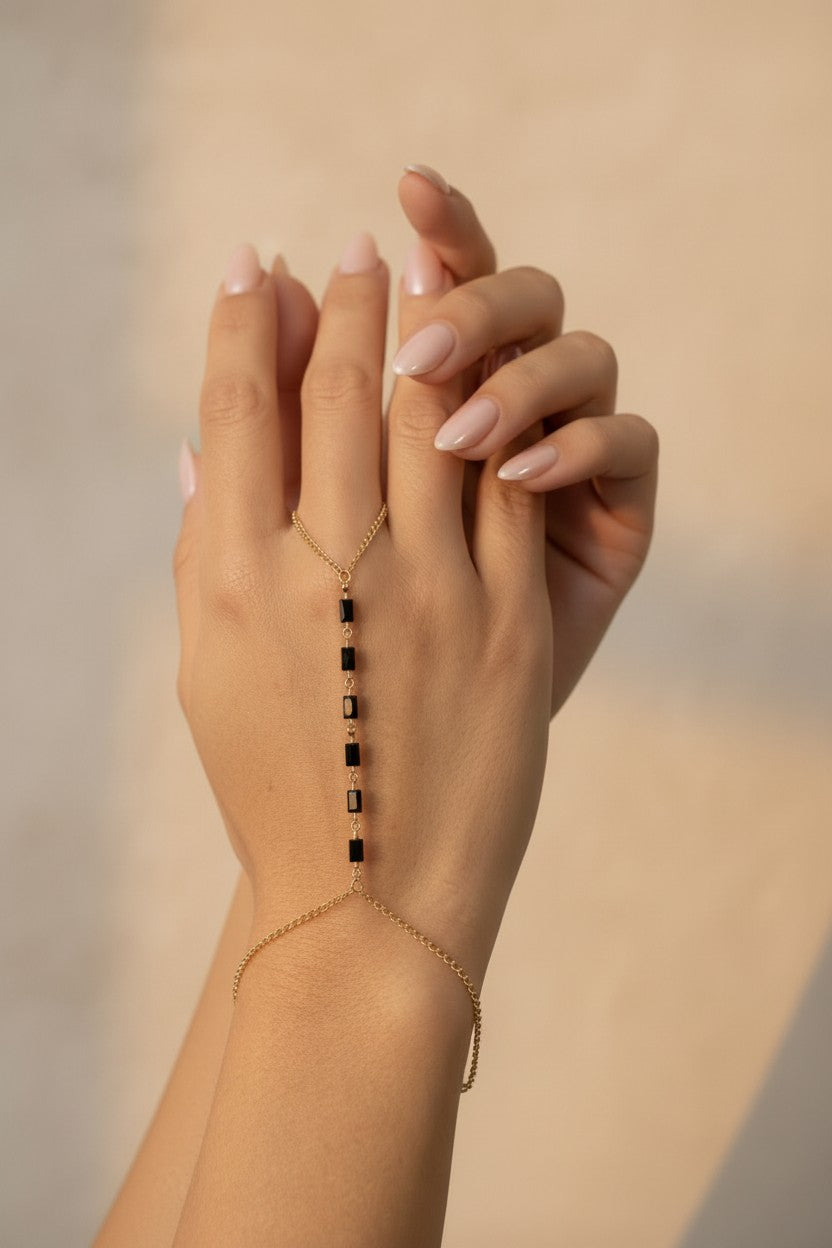 18k Gold Filled Black Crystal Hand Chain | Bold Statement Style