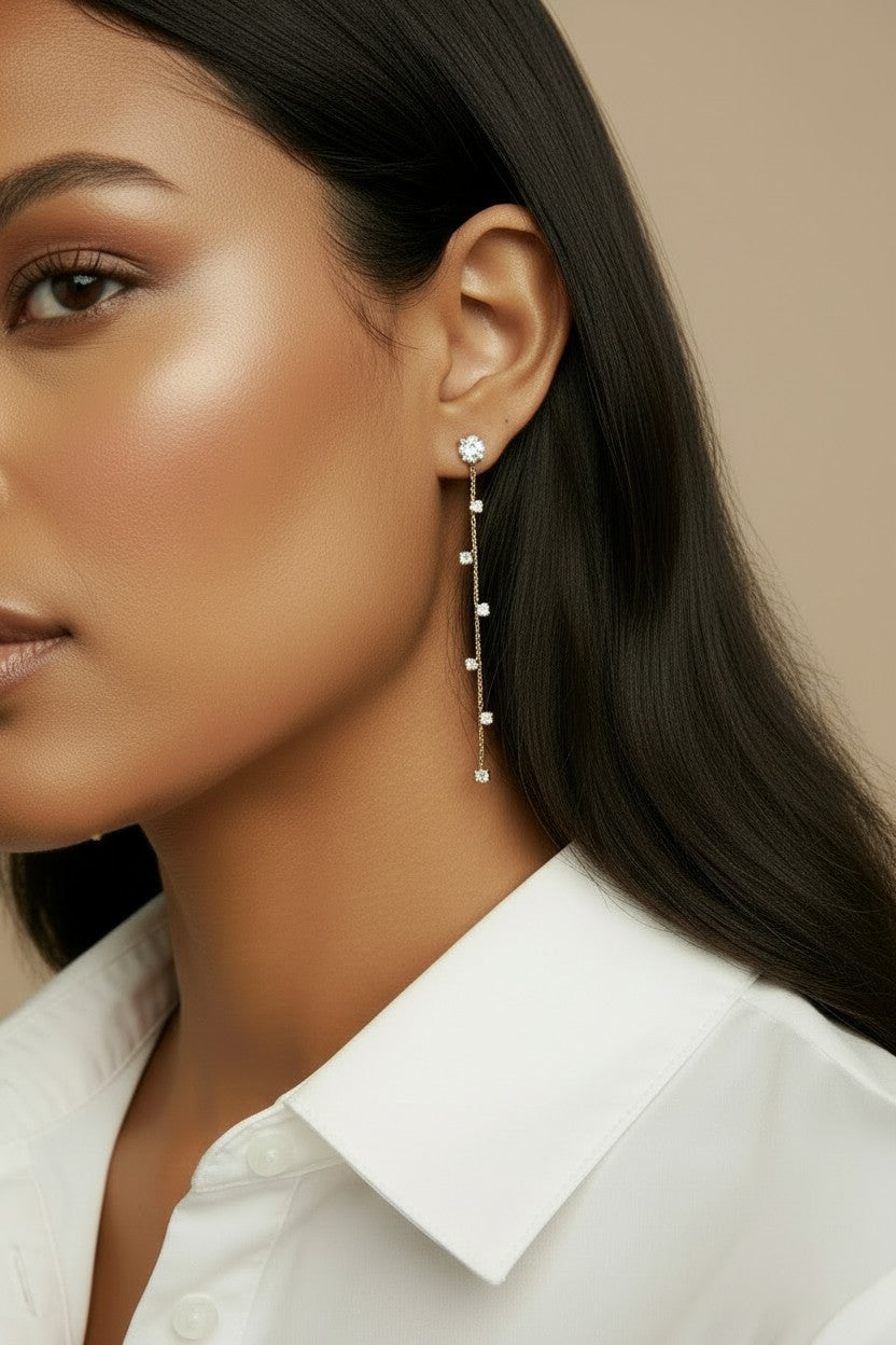 ✨ 18k Gold Filled CZ Stud Chain Drop Earrings — A Brilliant Start. A Celestial Fall.