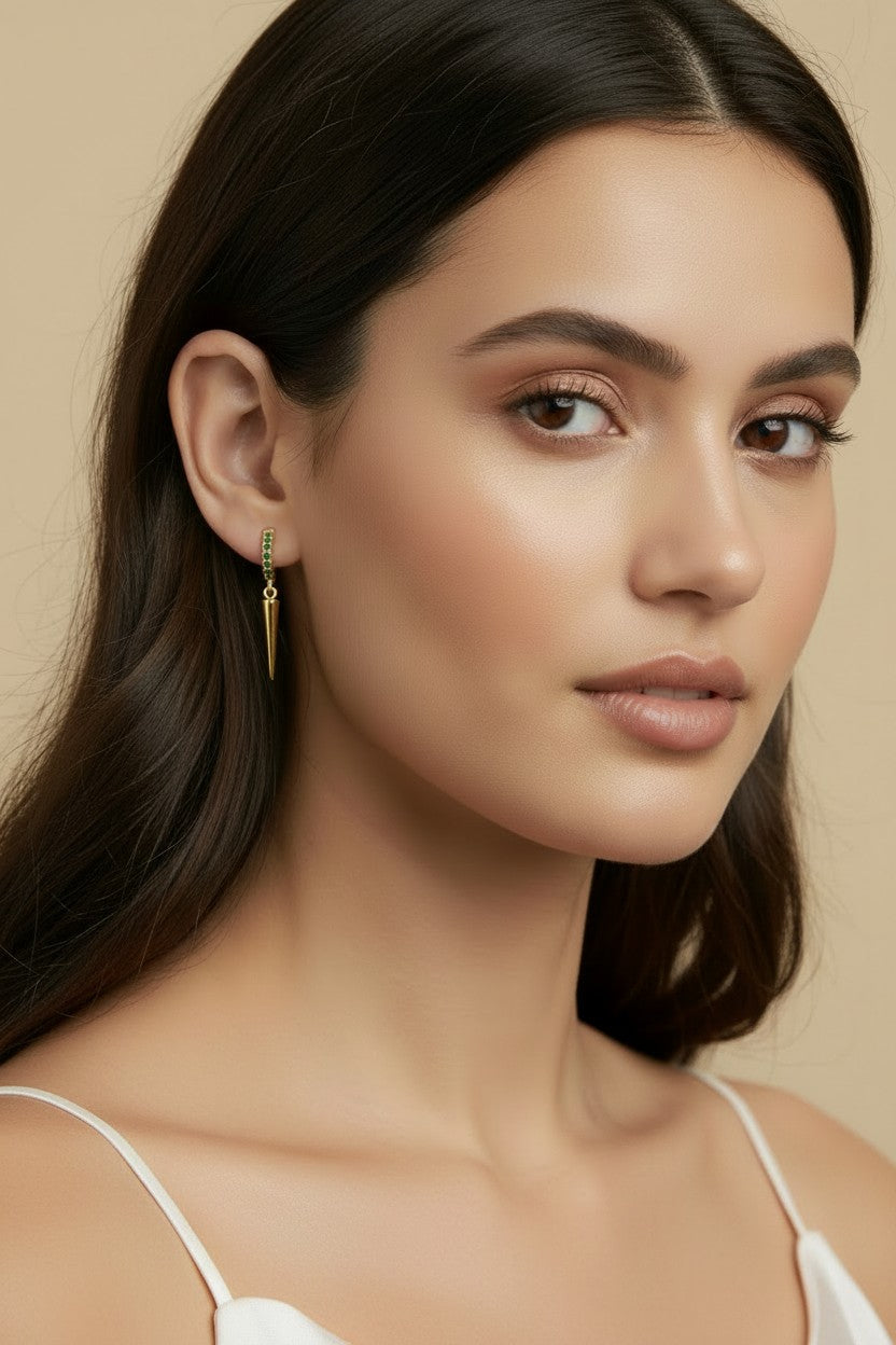 ๐ 18k Gold Filled Emerald CZ Spike Hoop Earrings โ Vivid Green Above. Gold Point Below.
