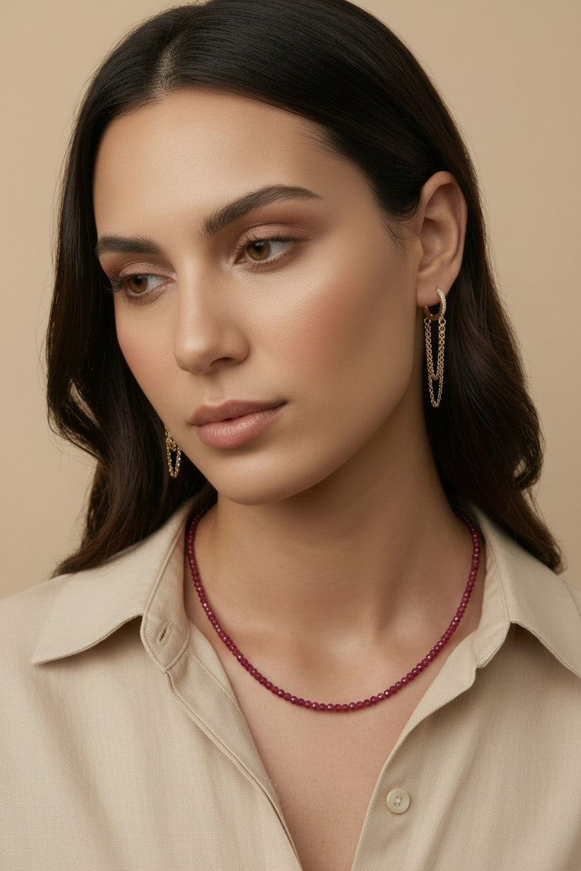18k Gold Filled Ruby Jade Beaded Necklace | Rich Color, Minimalist Elegance