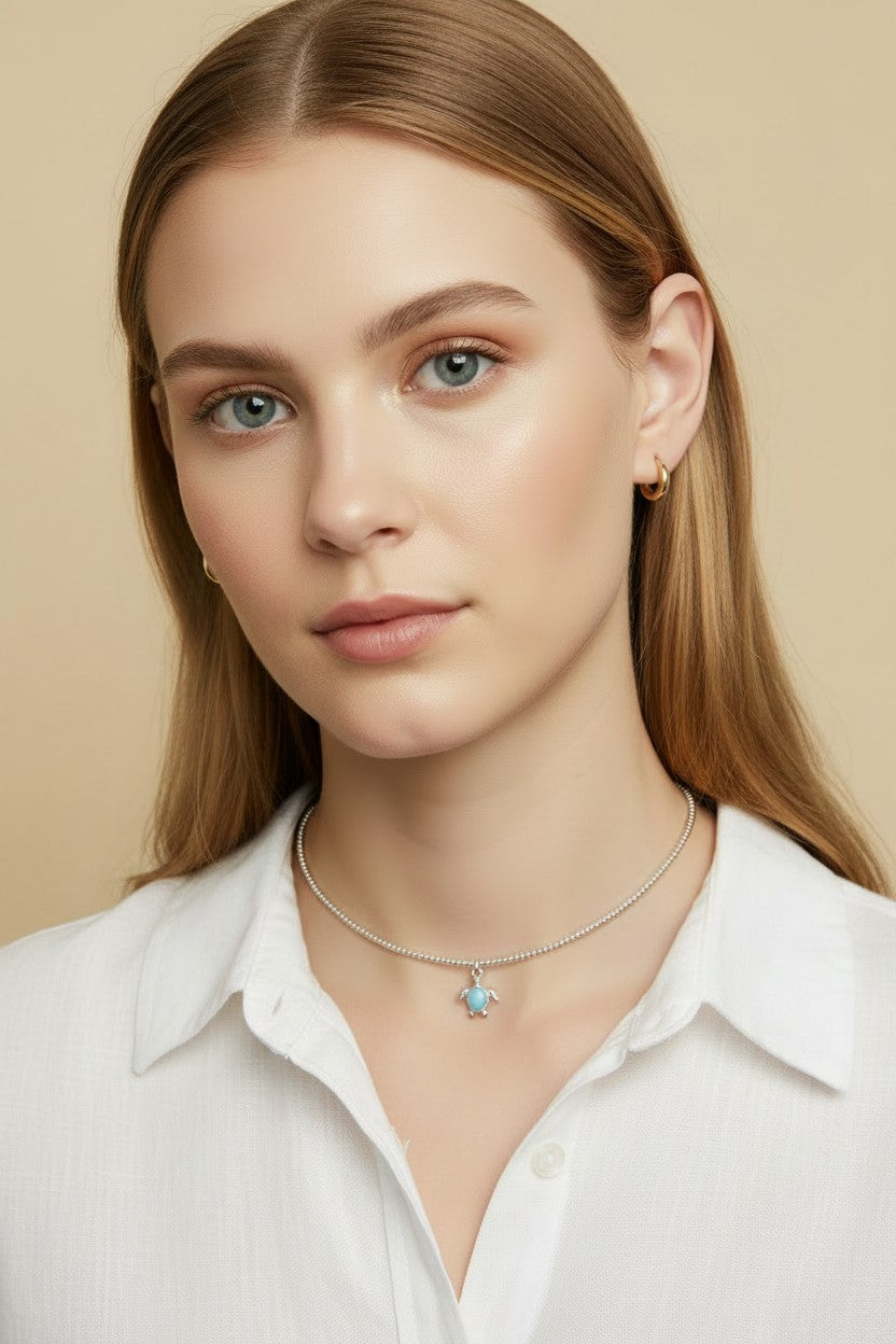 π’ .925 Silver Filled Sea Turtle Beaded Choker β Salt Water. Silver Beads. One Little Turquoise Turtle.