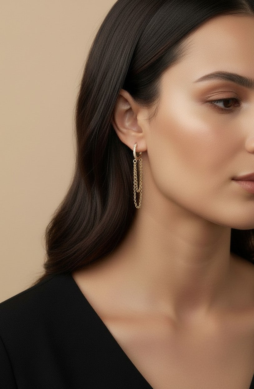 18k Gold Filled CZ Hoop Earrings with Dangling Chains | Bold & Daring Statement