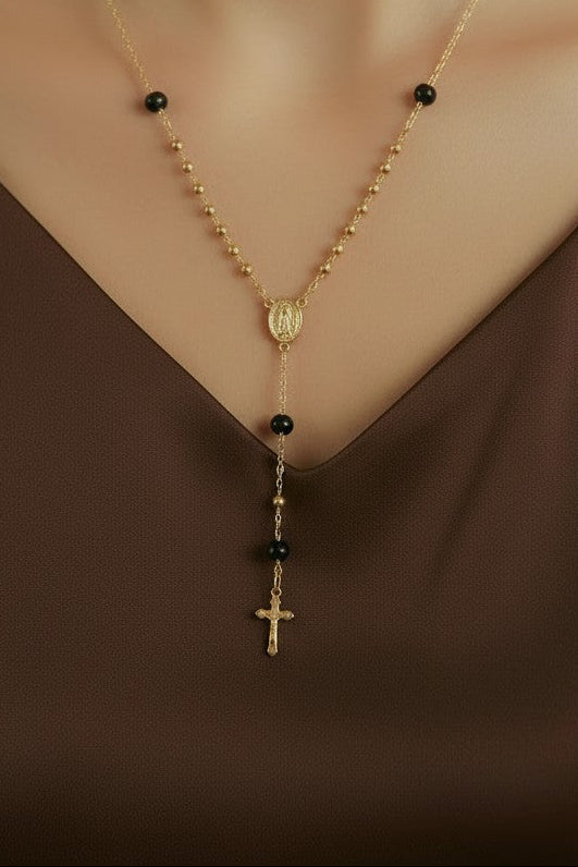 18k Gold Filled Black & Gold Bead Rosary Necklace | Our Lady of Grace