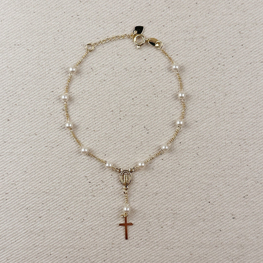 Pearl Rosary Bracelet for Women - Figaro Chain Religious Jewelry