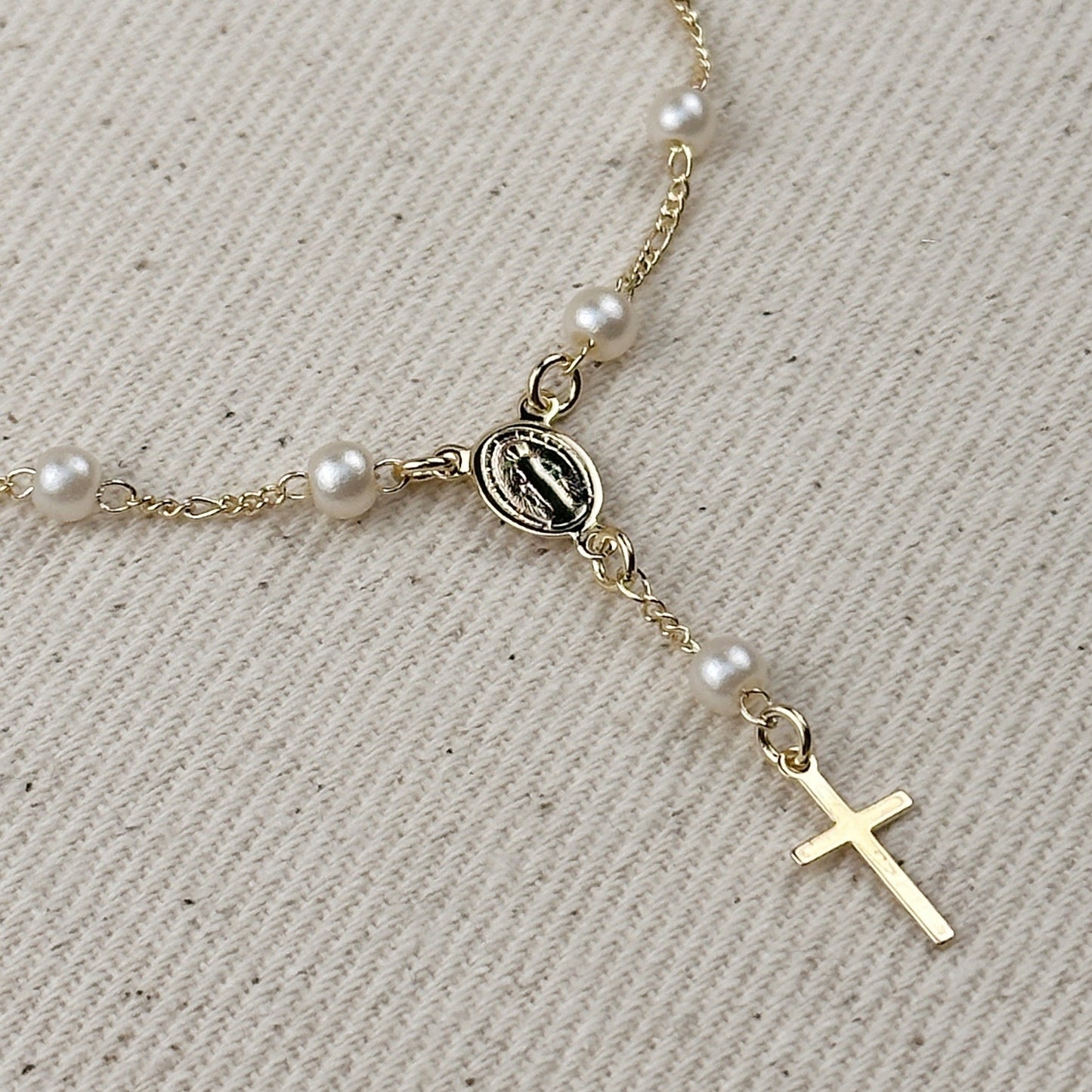 Pearl Rosary Bracelet for Women - Figaro Chain Religious Jewelry