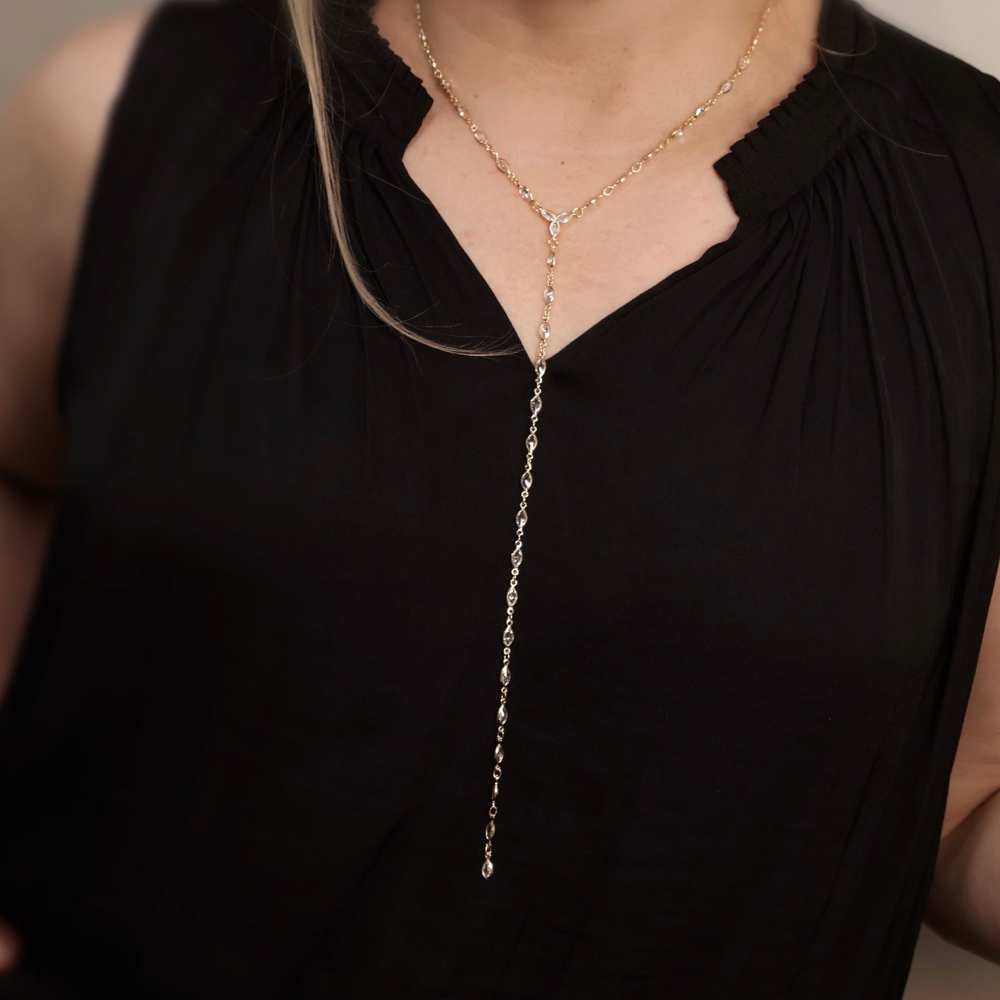 18k Gold Filled Bezel Ellipse CZ Lariat Necklace