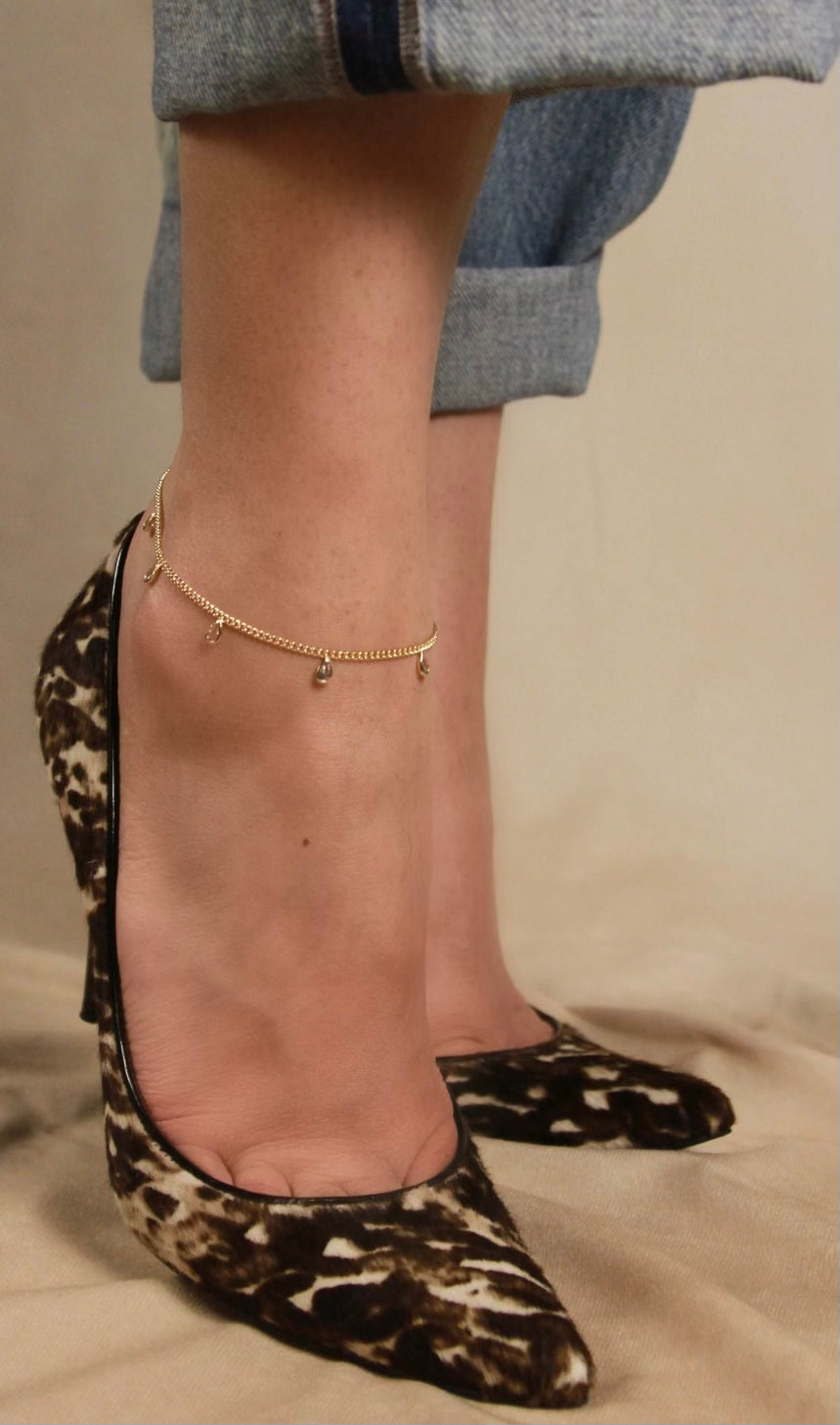 CZ Drop Anklet - Sparkling 2mm Curb Chain with Cubic Zirconia Charms