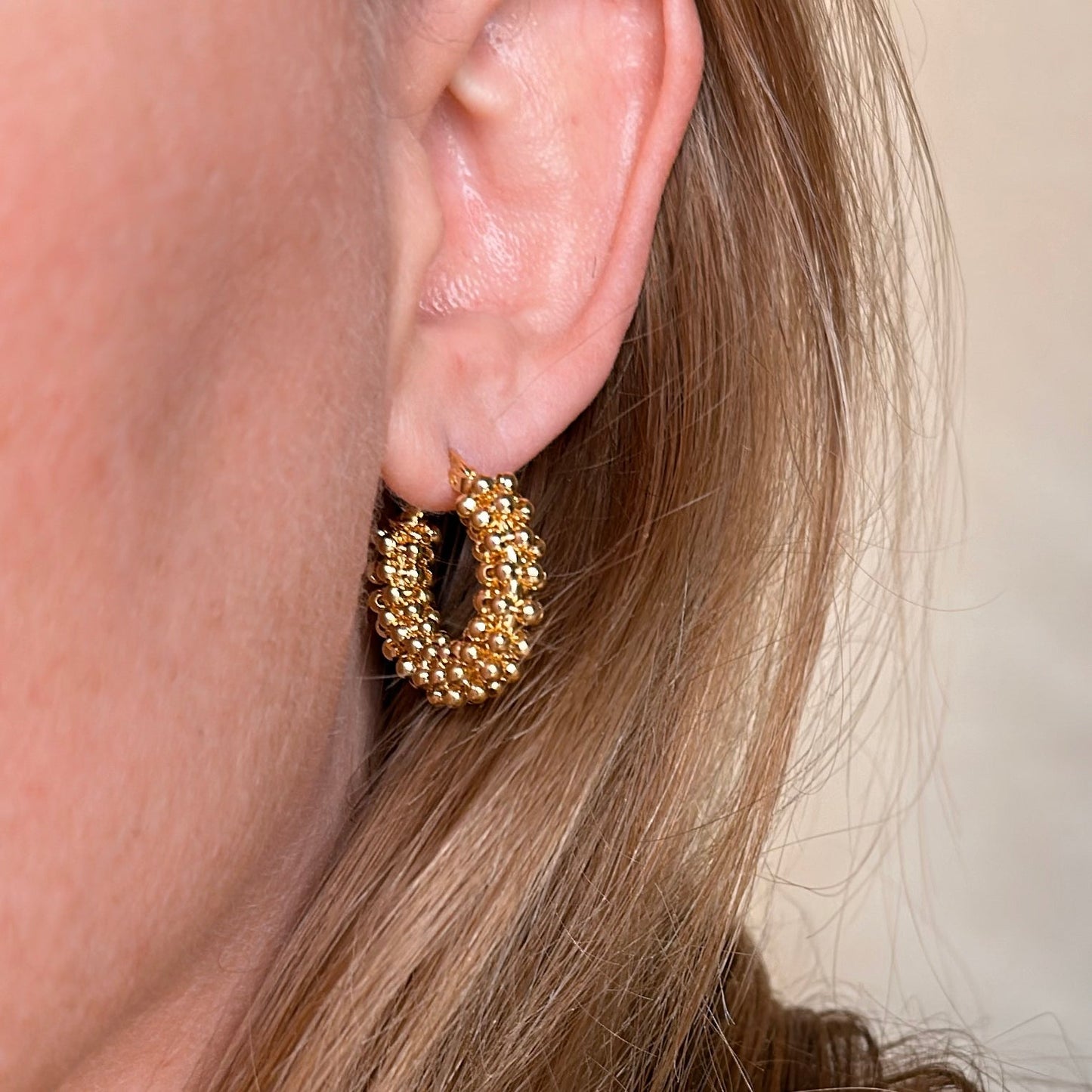 Beaded Cluster Hoop Earrings | Textured Hoop Earrings for Women | Medium Hoop Earrings 25mm | Handcrafted Gold Hoops