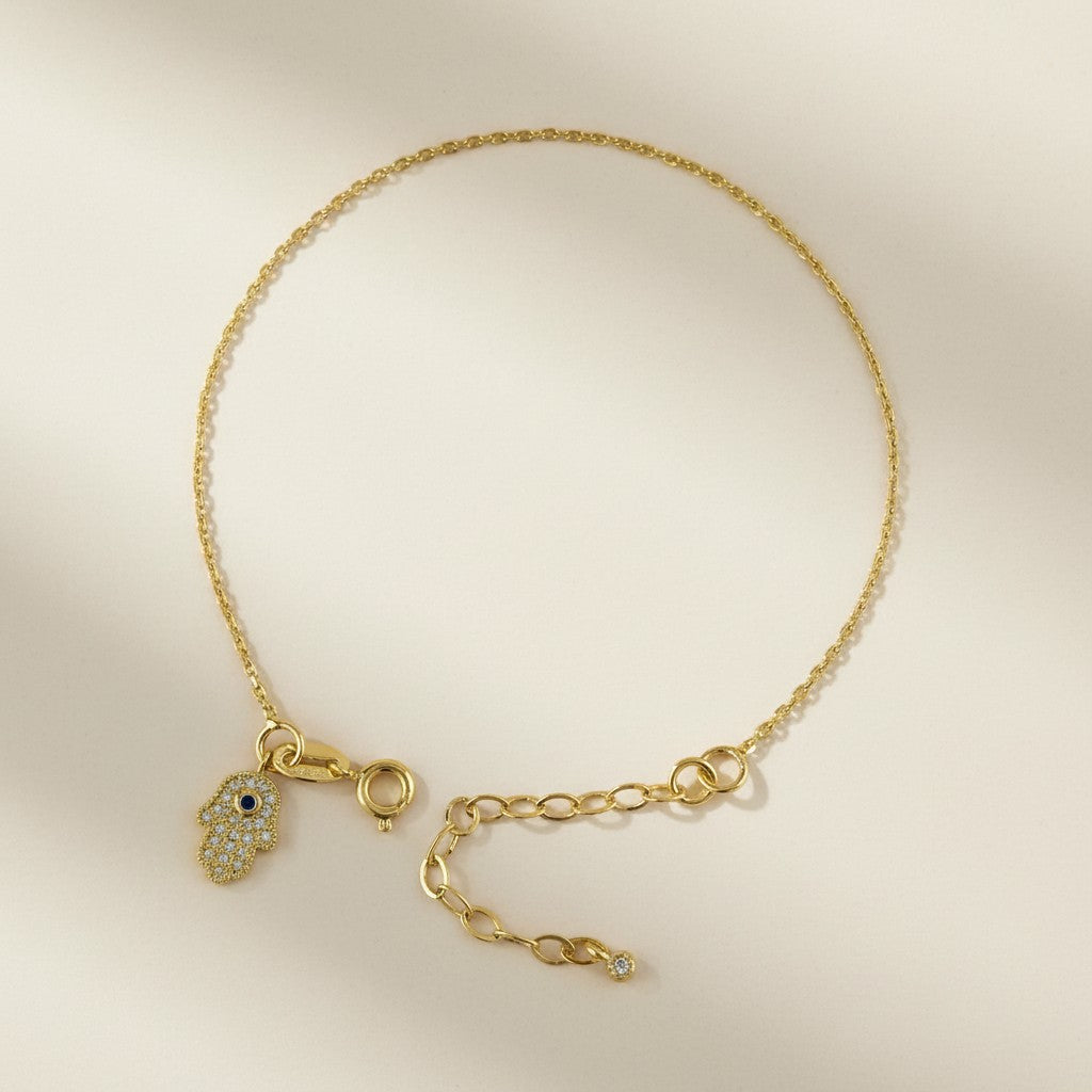 🤲 18k Gold Filled Hamsa & Evil Eye CZ Charm Bracelet — Two Symbols. One Wrist. All the Protection.
