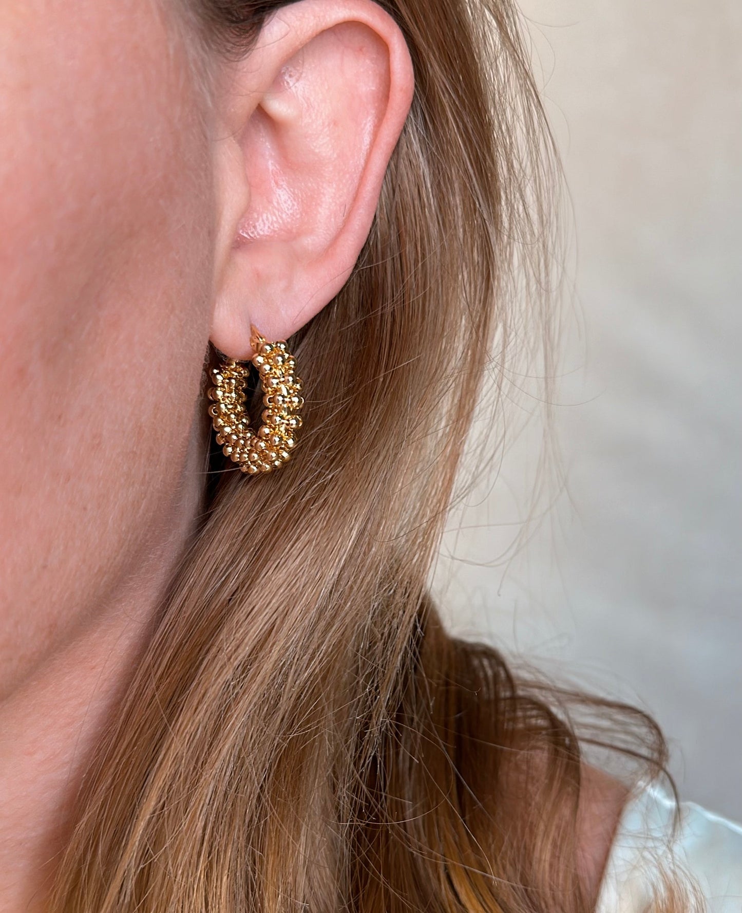 Beaded Cluster Hoop Earrings | Textured Hoop Earrings for Women | Medium Hoop Earrings 25mm | Handcrafted Gold Hoops