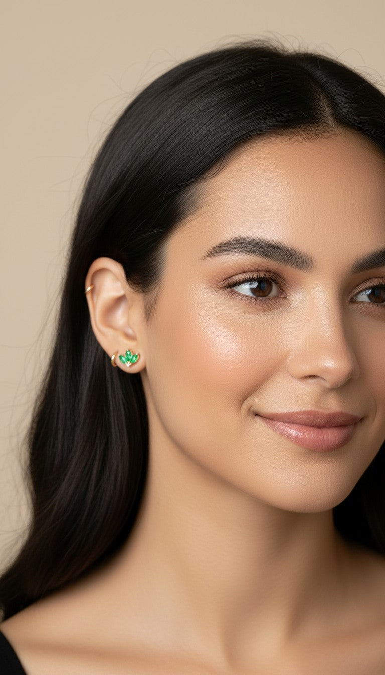 🌿 18k Gold Filled Emerald Lotus Flower CZ Stud Earrings — Ancient Symbol. Four Green Stones. A Color That Changes Everything