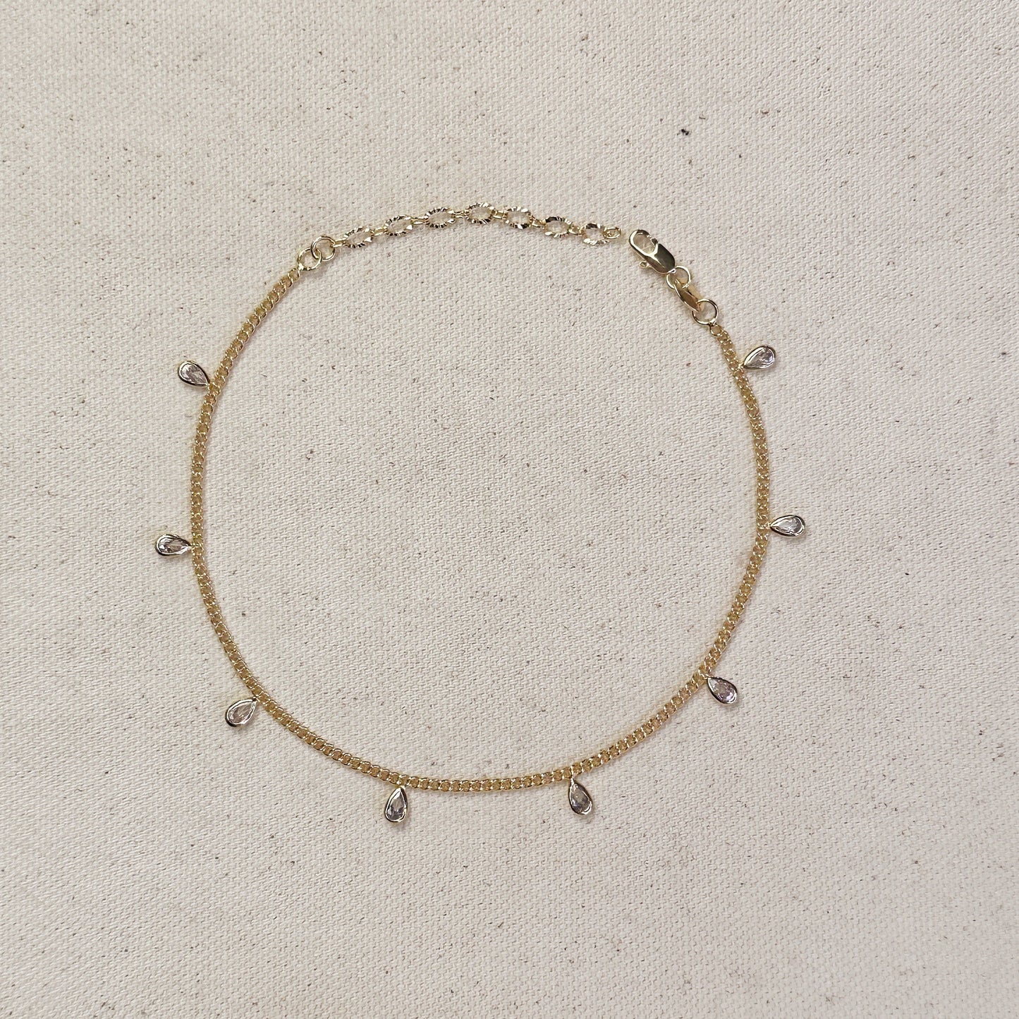 CZ Drop Anklet - Sparkling 2mm Curb Chain with Cubic Zirconia Charms