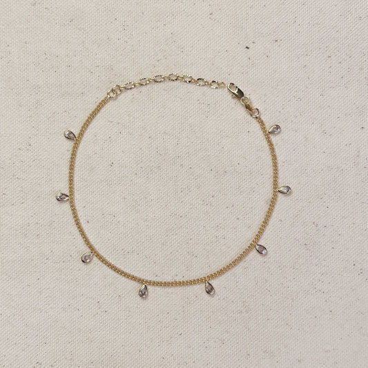 CZ Drop Anklet - Sparkling 2mm Curb Chain with Cubic Zirconia Charms
