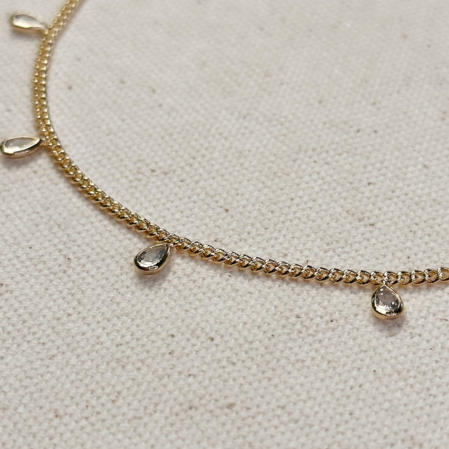 CZ Drop Anklet - Sparkling 2mm Curb Chain with Cubic Zirconia Charms