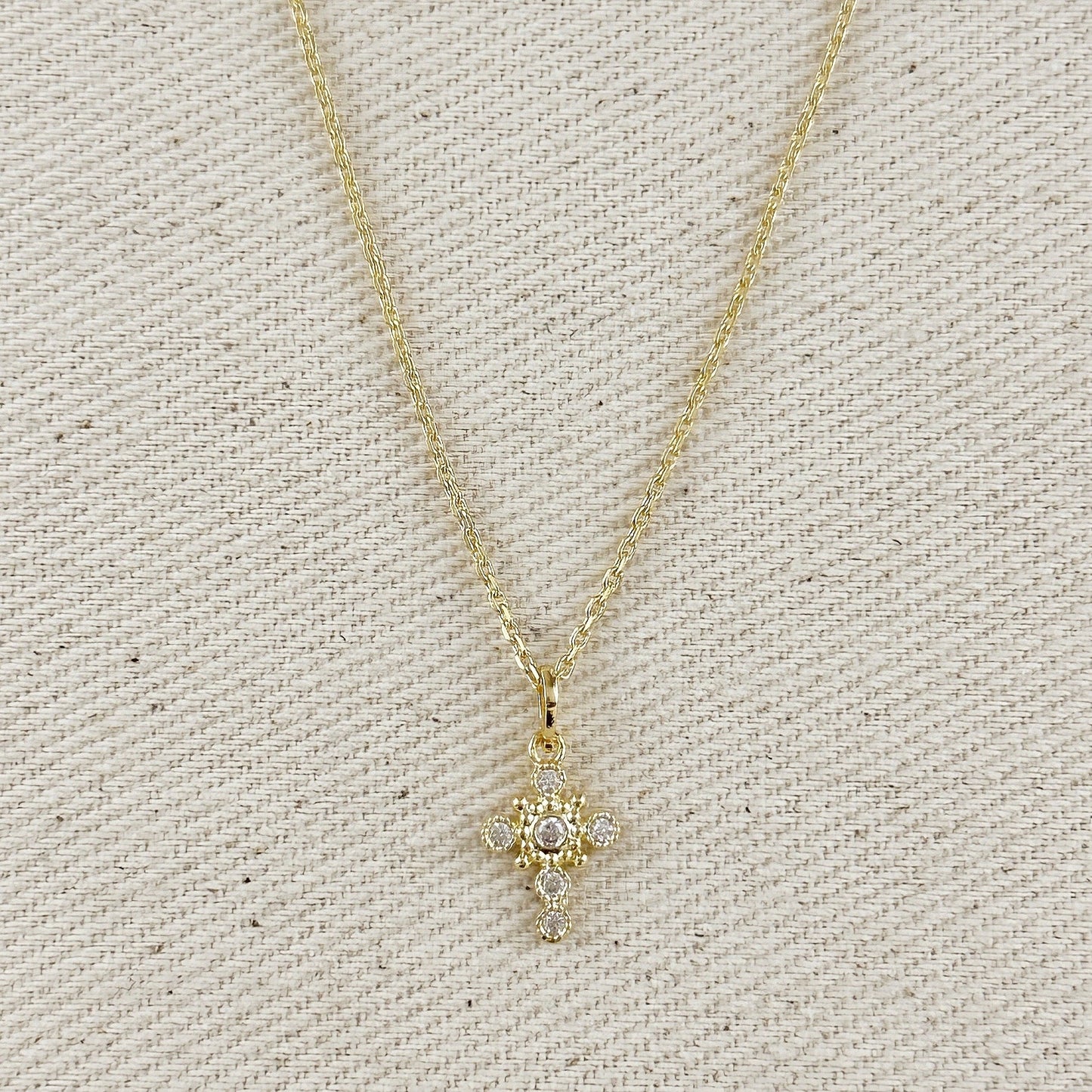 18k Gold Filled Bezel Cross CZ Necklace
