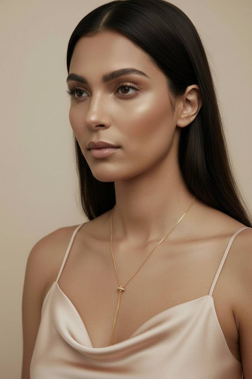 ✨ 18k Gold Filled CZ Bar Lariat Tassel Necklace — Minimalist Design, Maximum Impact