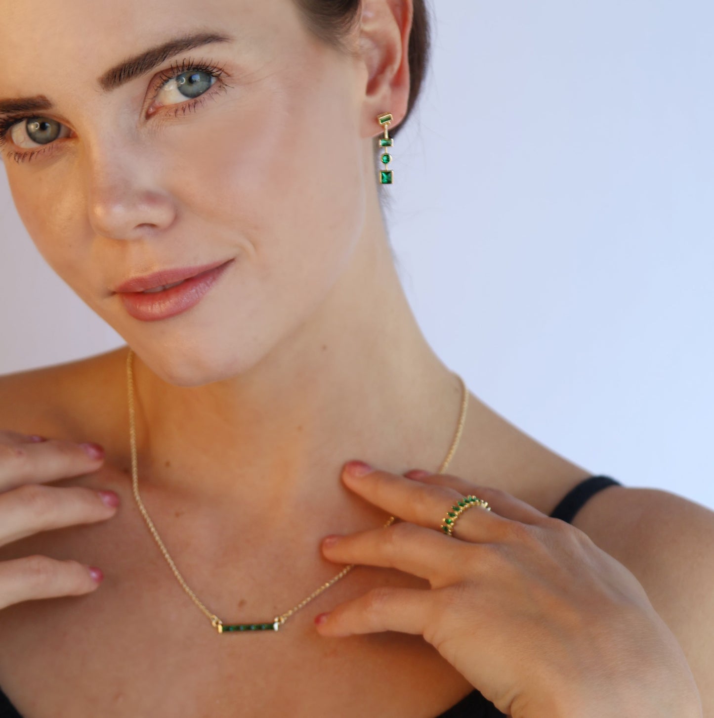 Emerald Green Geometric Drop Earrings - Multi-Shape CZ Dangle Earrings