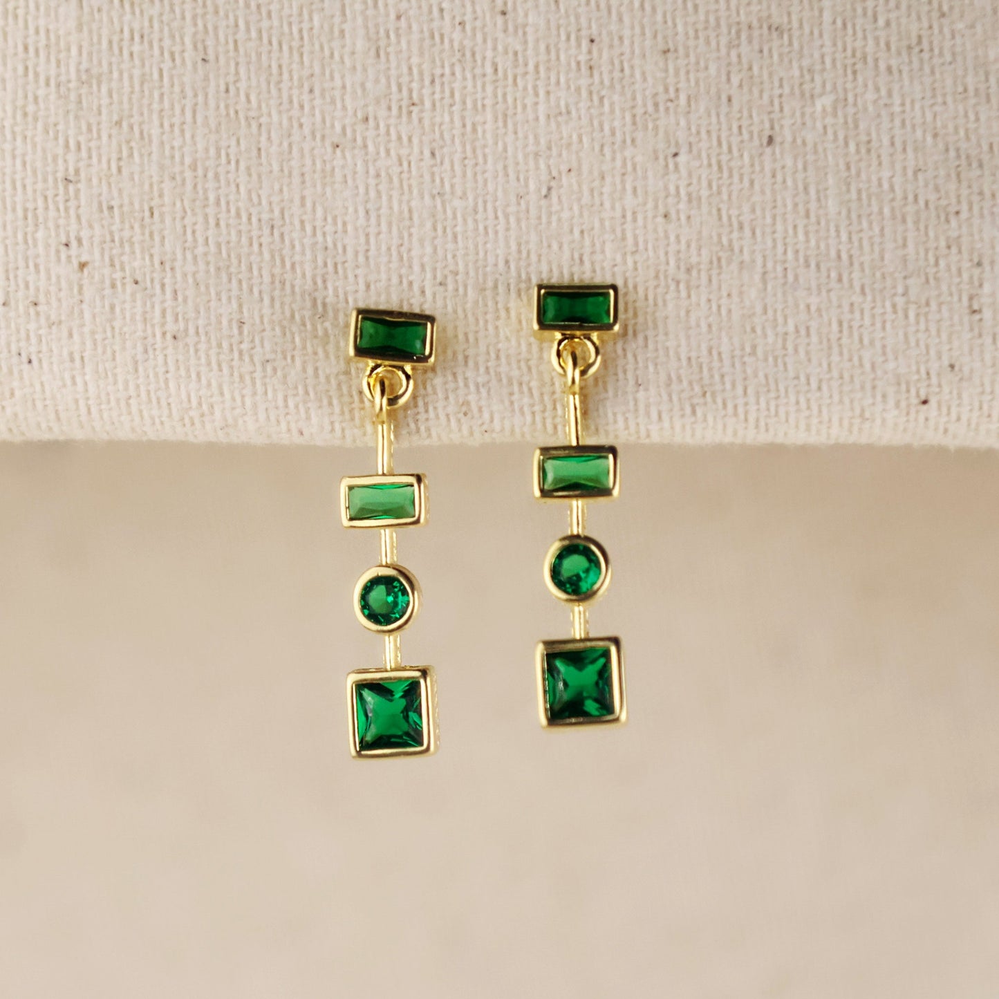 Emerald Green Geometric Drop Earrings - Multi-Shape CZ Dangle Earrings