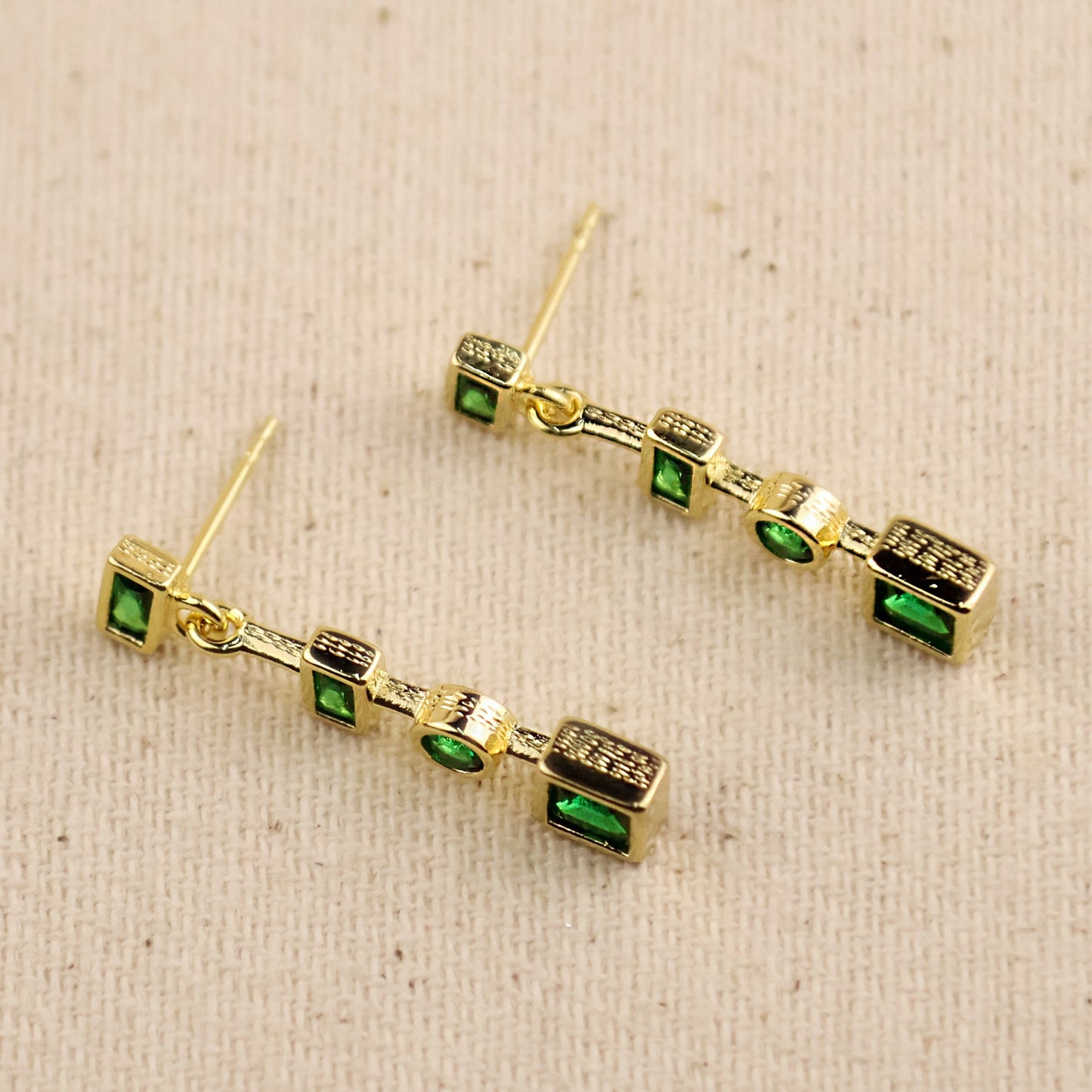 Emerald Green Geometric Drop Earrings - Multi-Shape CZ Dangle Earrings