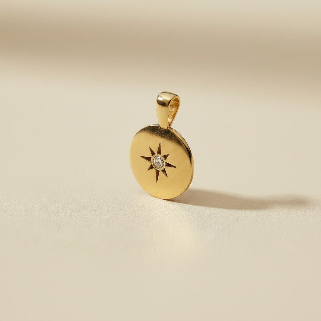 18k Gold Filled Starburst Plate Pendant With Cubic Zirconia Stone