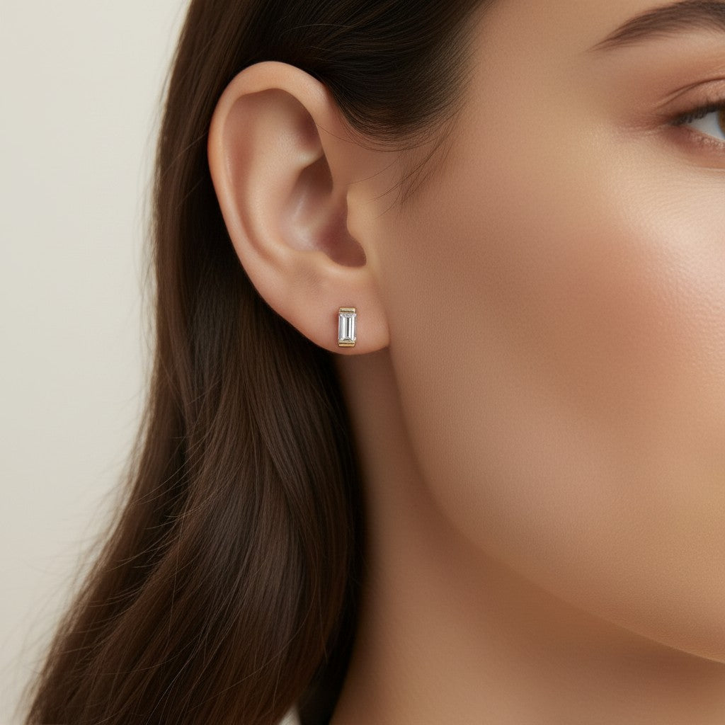 Baguette Stud Earrings - Minimalist CZ Diamond Studs for Women | Dainty