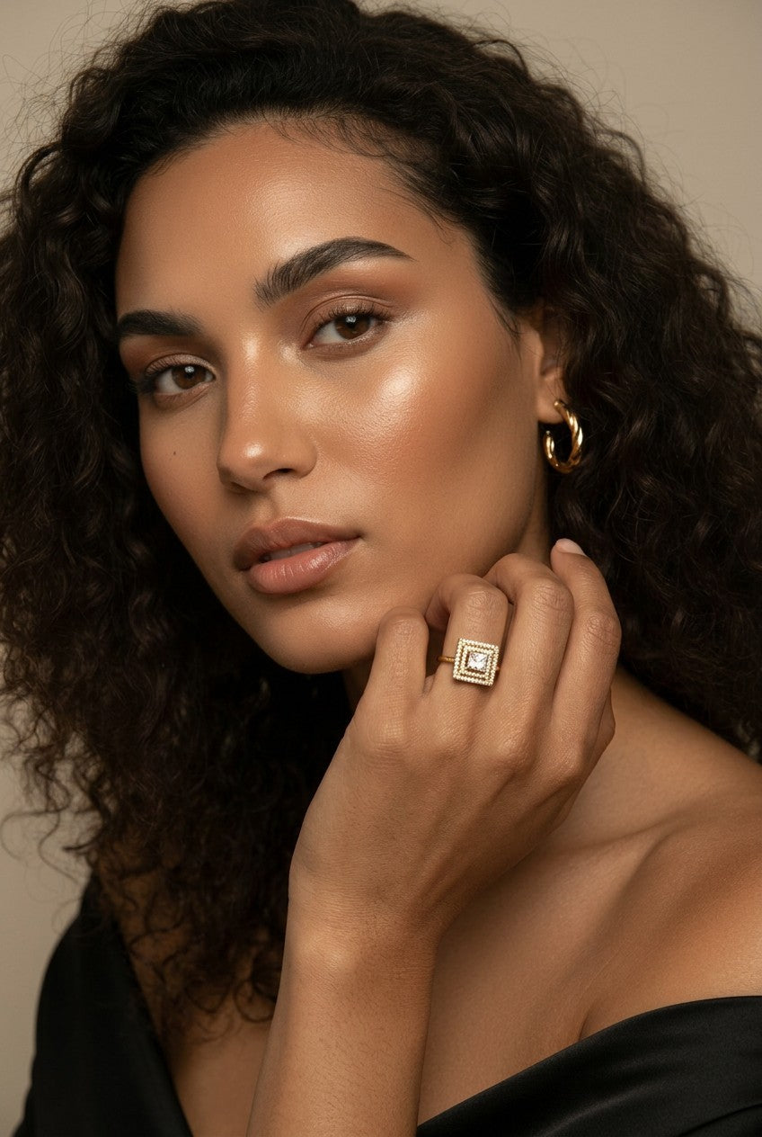 18k Gold Filled CZ Princess Cut Squared Top Ring | Statement Sparkle