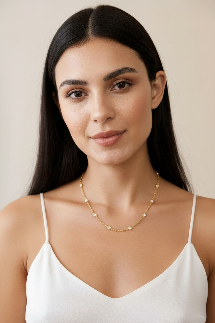 ✨ 18k Gold Filled Bead & CZ Necklace — Warm Gold. Quiet Sparkle. The Detail That Makes It.