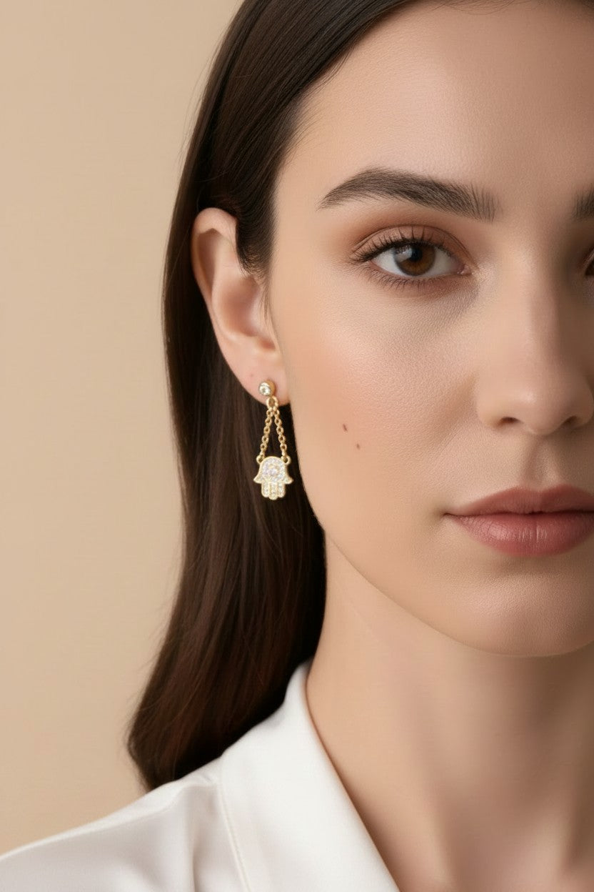 🤲 18k Gold Filled CZ Hamsa Double Chain Dangle Earrings — Protection That Moves With You