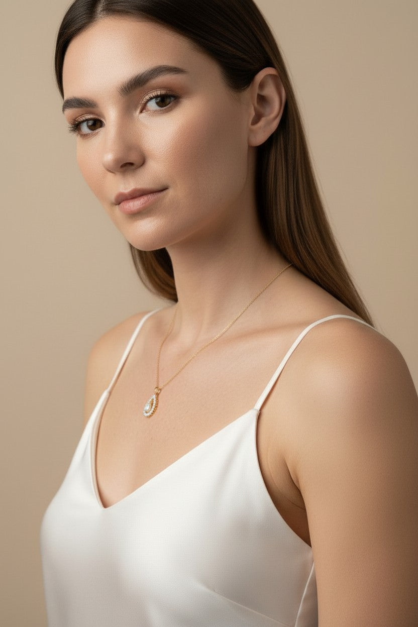 18k Gold Filled Pear Halo CZ Necklace — The Pendant That Looks Like Fine Jewelry