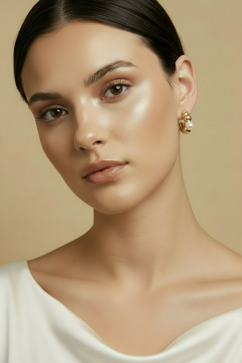 18k Gold Filled Beaded C-Hoop With Simulated Pearl