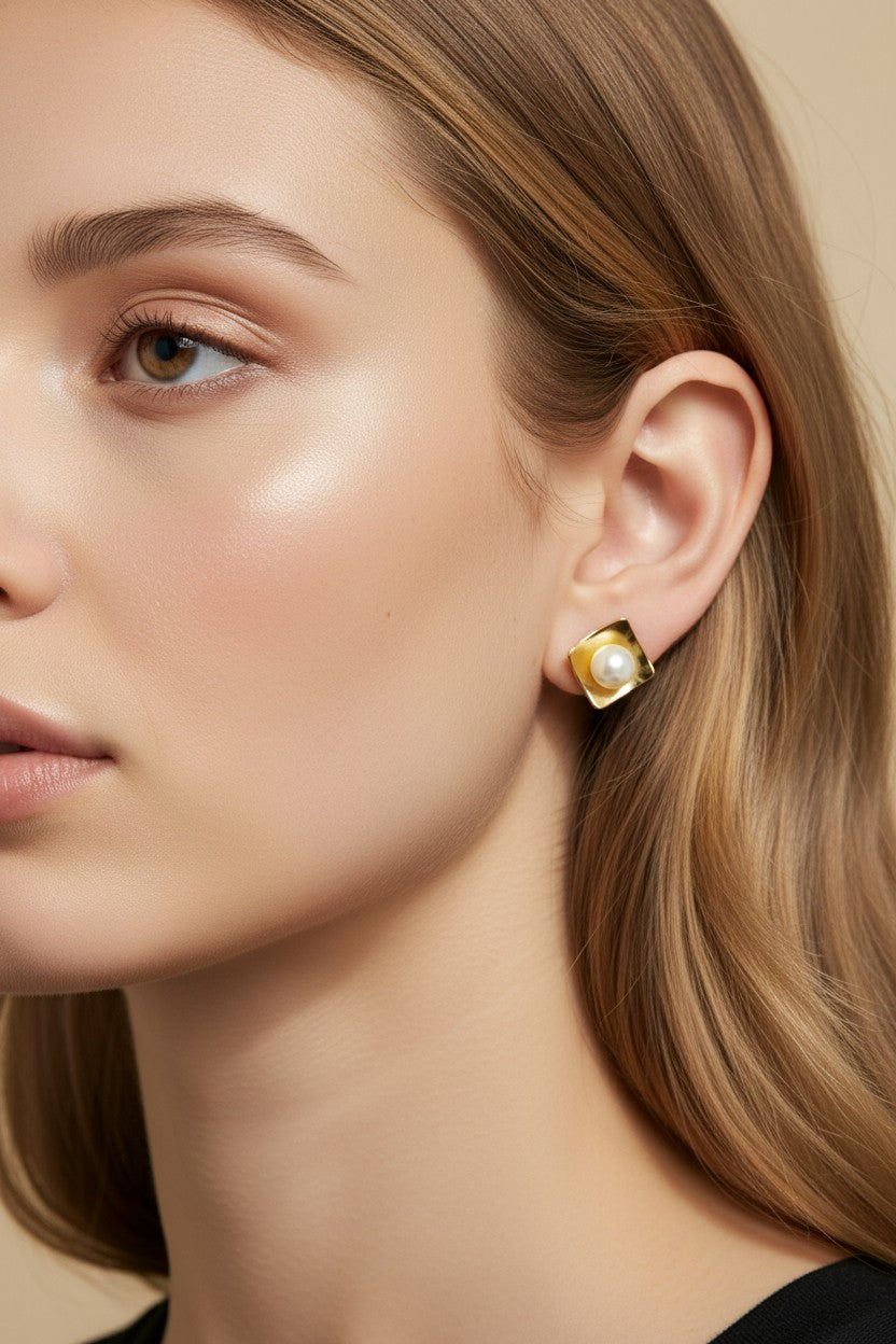 18k Gold Filled Pearl Stud Earrings In A Square Plate