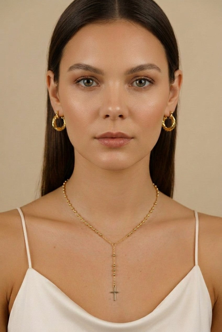 18k Gold Filled Simple Cross Rosary Necklace | Beaded Prayer Chain