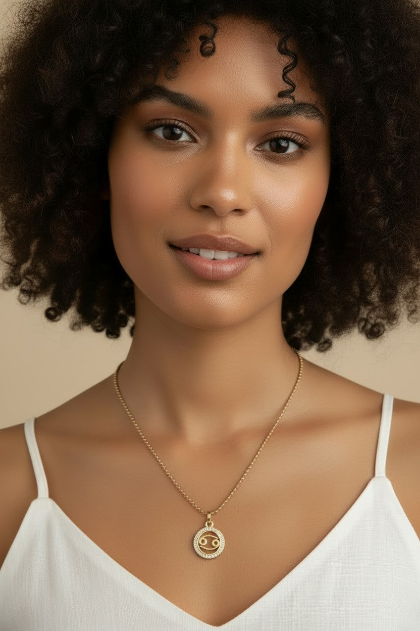 ♋ 18k Gold Filled Mini Cancer Zodiac Pendant — The Moon's Sign. CZ-Edged. Worn With Feeling.