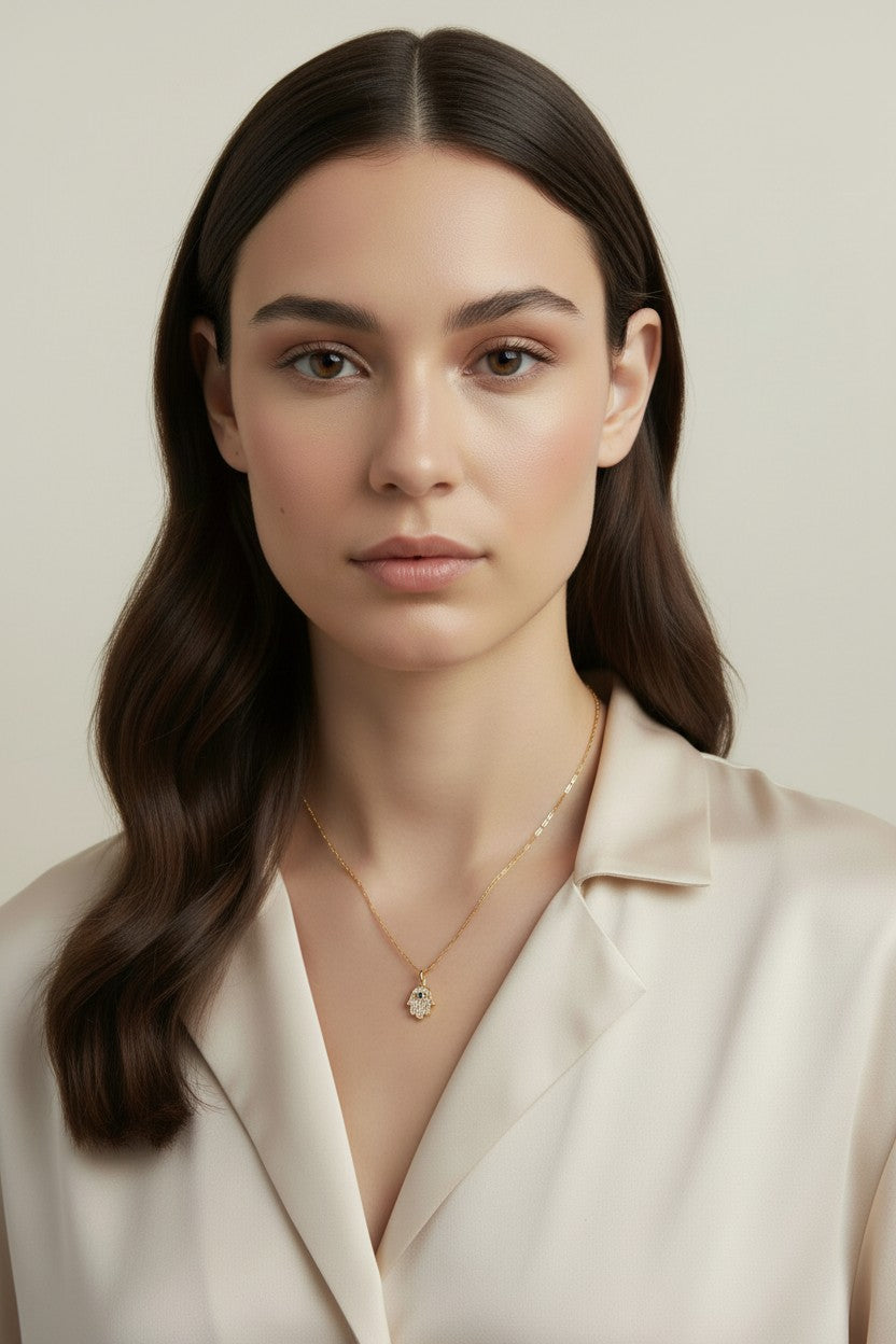 Evil Eye Hamsa Pendant | Hand of Fatima Charm | Protection Jewelry | CZ Diamond Pendant for Women